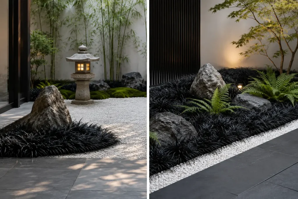 A modern Zen courtyard featuring dark black mondo grass contrasting with white gravel waves, natural stone boulders, and a lit stone lantern.