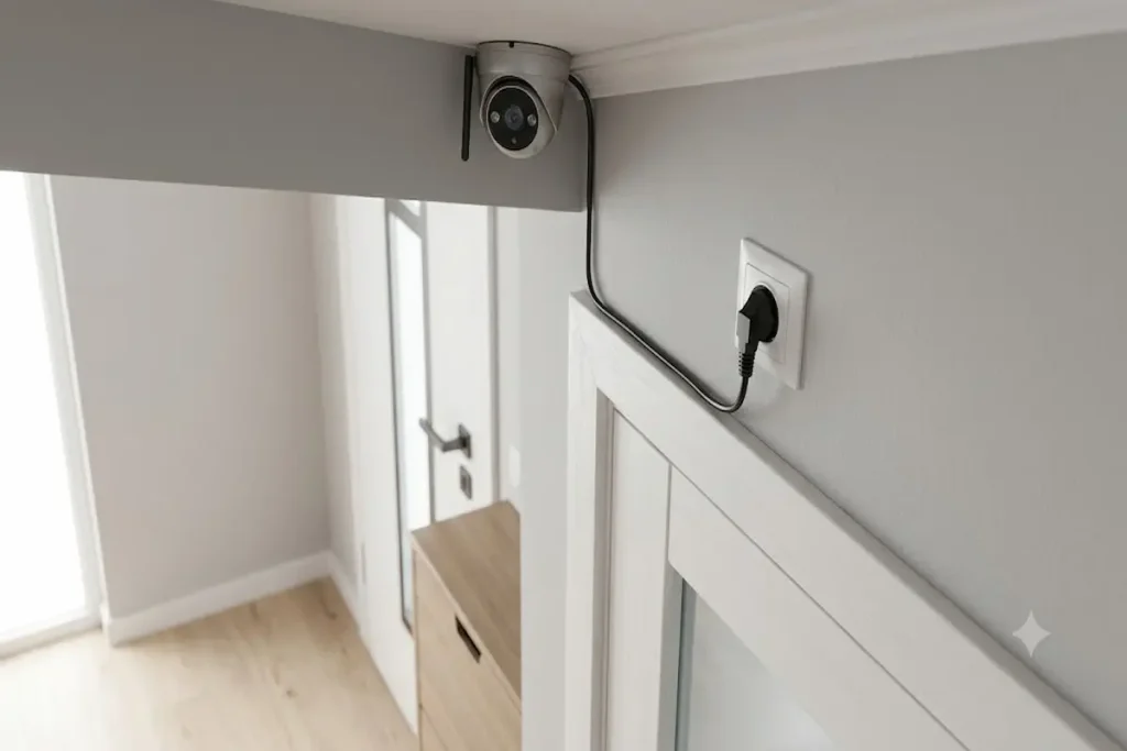 A smart home entryway featuring a high-level doorway outlet powering an indoor security camera without messy wires.