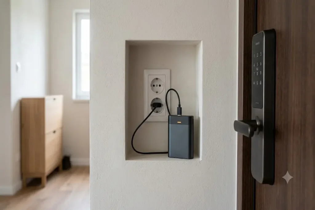 A modern home entryway wall recess (niche) with a built-in electrical outlet actively charging a removable smart lock battery pack.