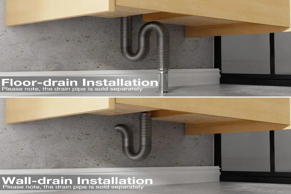 A comparison between traditional floor-drain installation and modern wall-drain routing under a bathroom vanity cabinet.