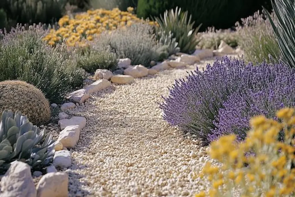 A modern drought-tolerant garden with purple lavender bushes, yellow flowering succulents, and a natural gravel path lined with stones.