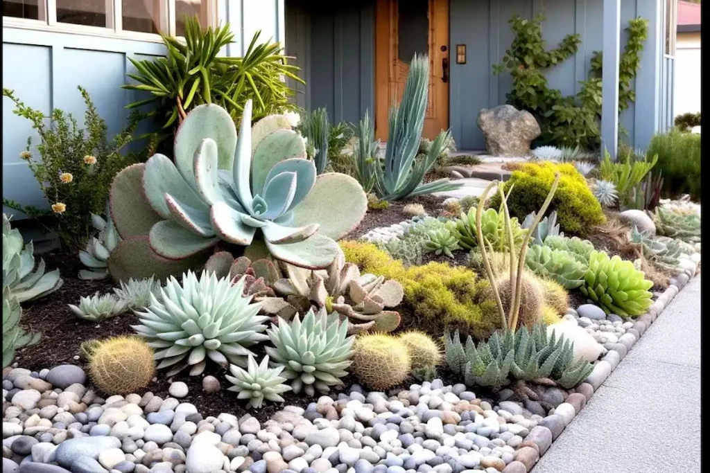 A modern front yard xeriscape garden with large green succulents, gold barrel cacti, and smooth river pebbles.