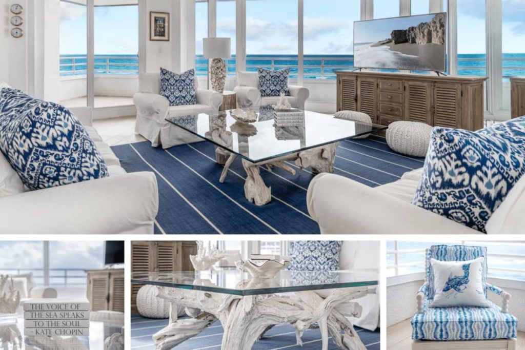 Modern Hamptons style lounge room decor featuring a glass coffee table, navy blue patterned cushions, and coastal-inspired home accessories.