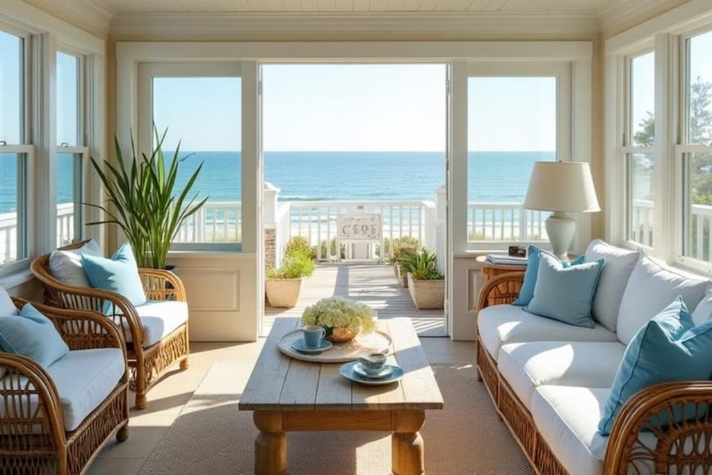 High-end coastal sunroom featuring authentic rattan armchairs, a white sofa with blue cushions, and an ocean view porch.