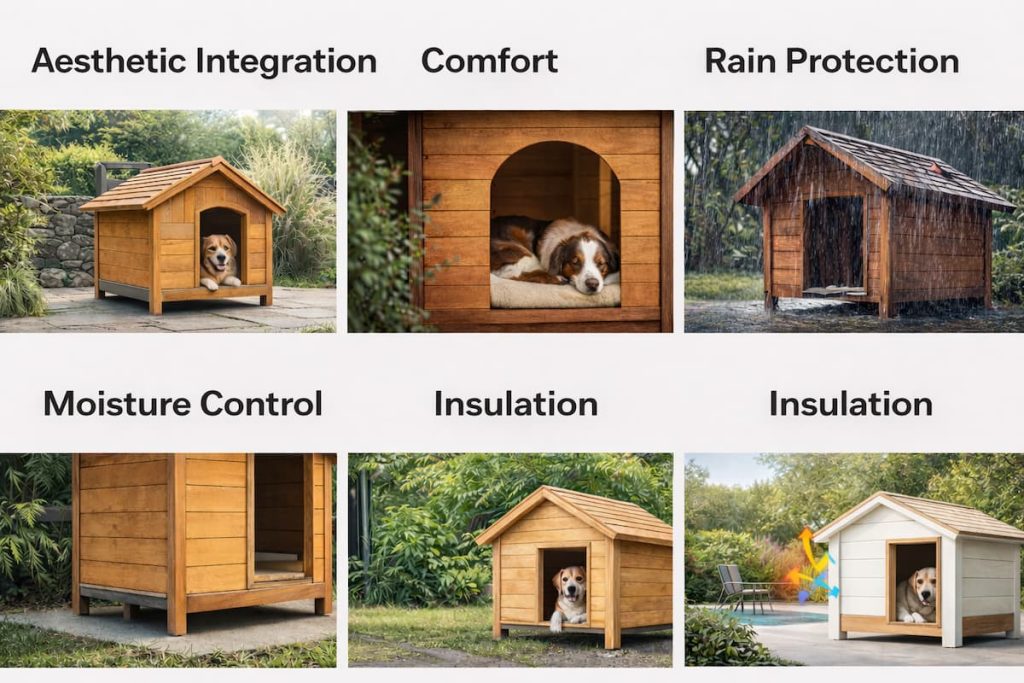Modern flat-roof solid wood pet house with a waterproof top and wide front opening for larger pets.