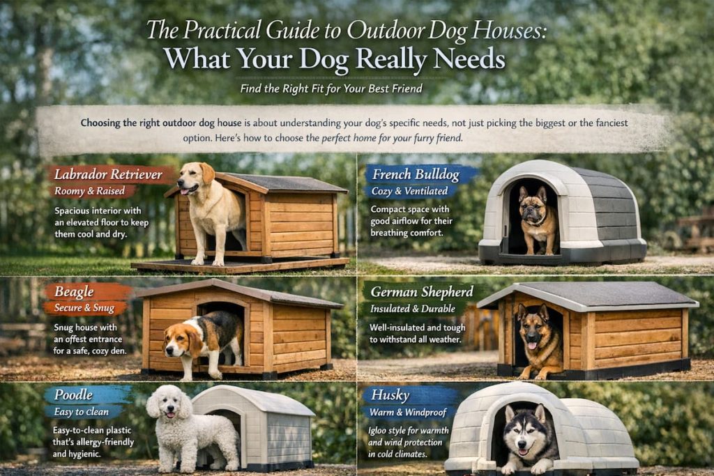 Modern, light wood outdoor dog house with a grey pitched roof and elevated base on a patio, exemplifying a stylish and weather-ready pet sanctuary.