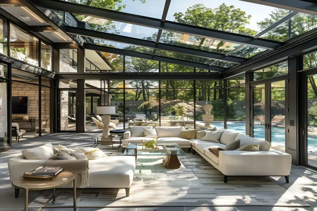 A luxury modern glass sunroom interior with a white sectional sofa set under a high-ceilings black steel frame and glass roof.