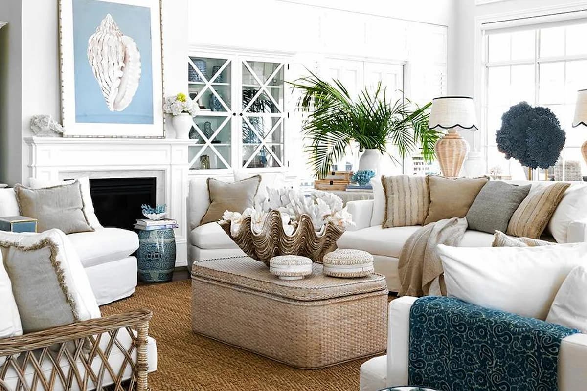 Hamptons style living room decor with linen sofas blue accents and coastal furniture