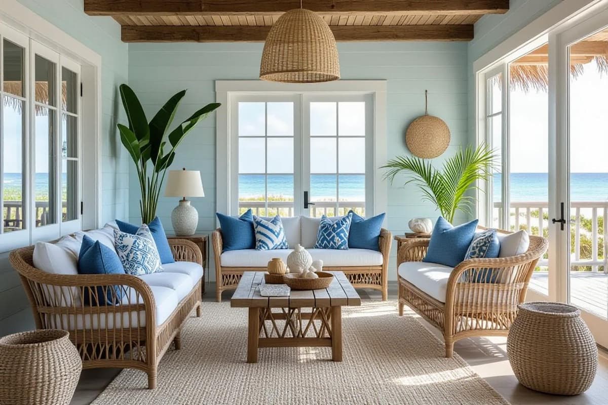 Classic Hamptons style living room with wicker furniture, light blue walls, and coastal home decor